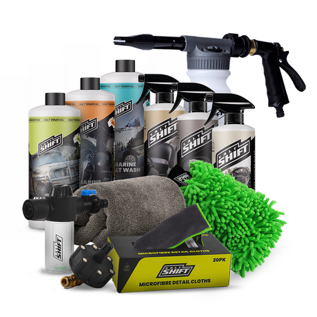 4x4 care products including bottles, a spray gun, gloves, and cloths on a white background.