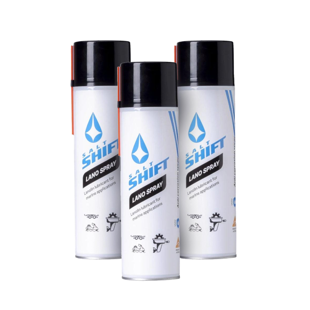 Three cans of Shift Lano Spray on a white background