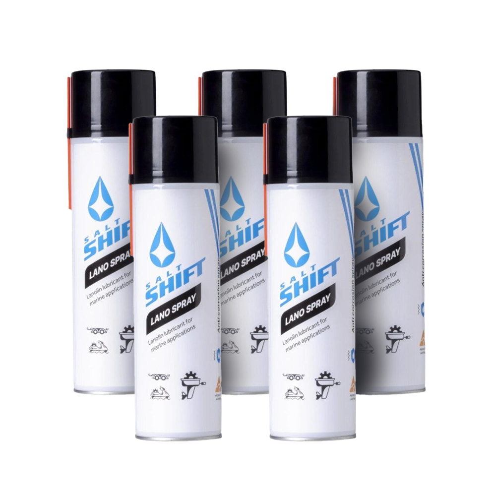 Five cans of Shift Lano Spray on a white background