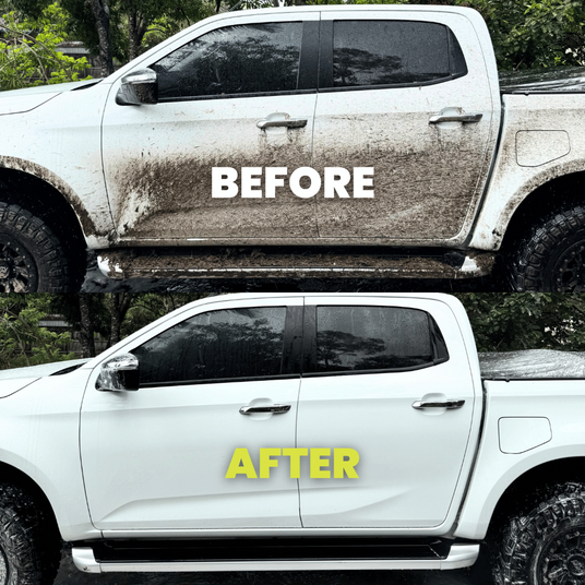 Before and after comparison of a 4WD cleaned with Salt Shift, showing mud removal and a spotless finish.