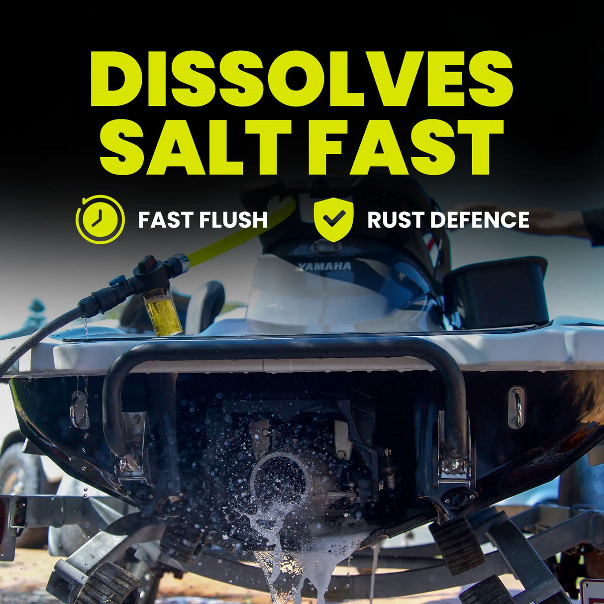 Yamaha boat being cleaned with a solution, highlighting 'Dissolves Salt Fast' and product features.