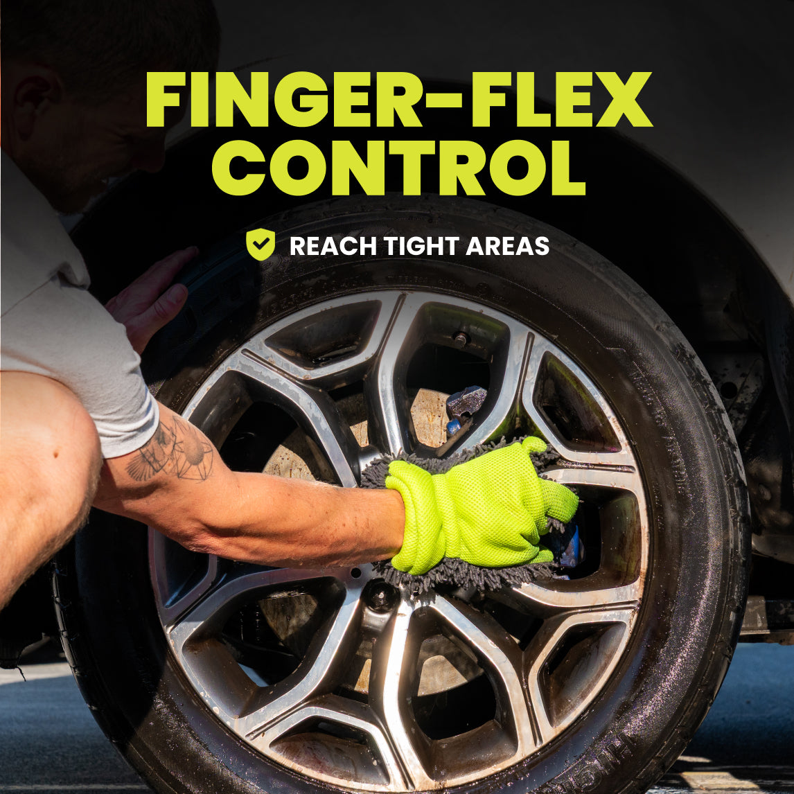 Person cleaning car wheel with a yellow glove, text 'Finger-Flex Control' and 'Reach Tight Areas' displayed.