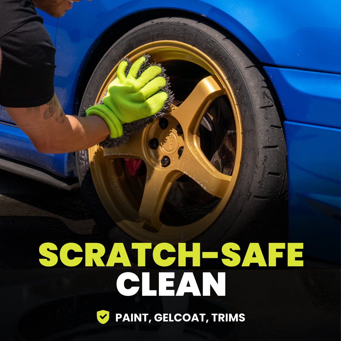 Person cleaning a car wheel with a yellow brush, with text 'Scratch-Safe Clean' on a blue car background.