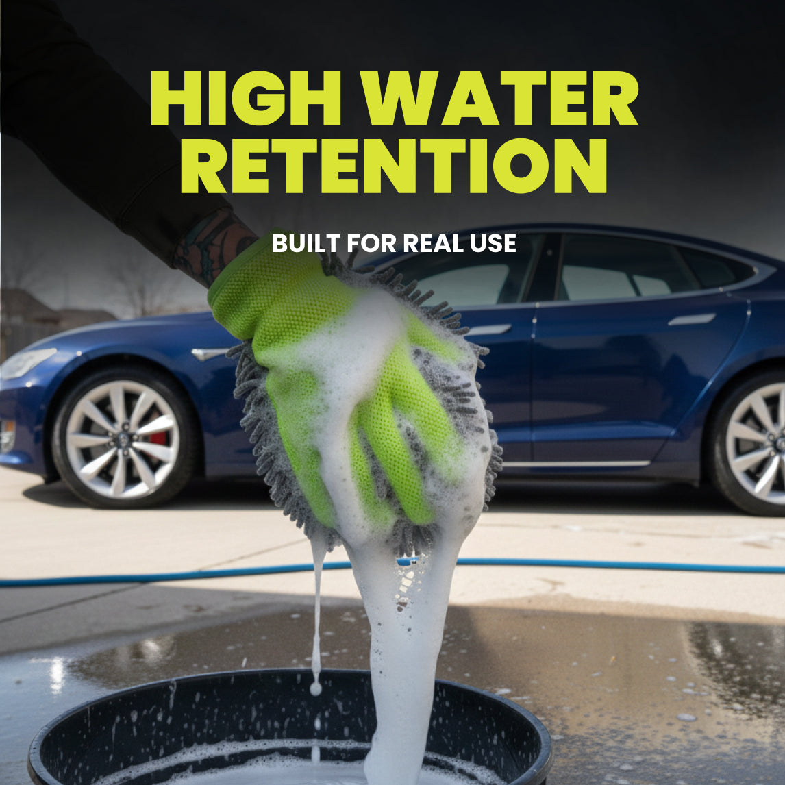 Hand wearing a green glove with soap suds, holding a sponge over a car wash basin with text about high water retention.