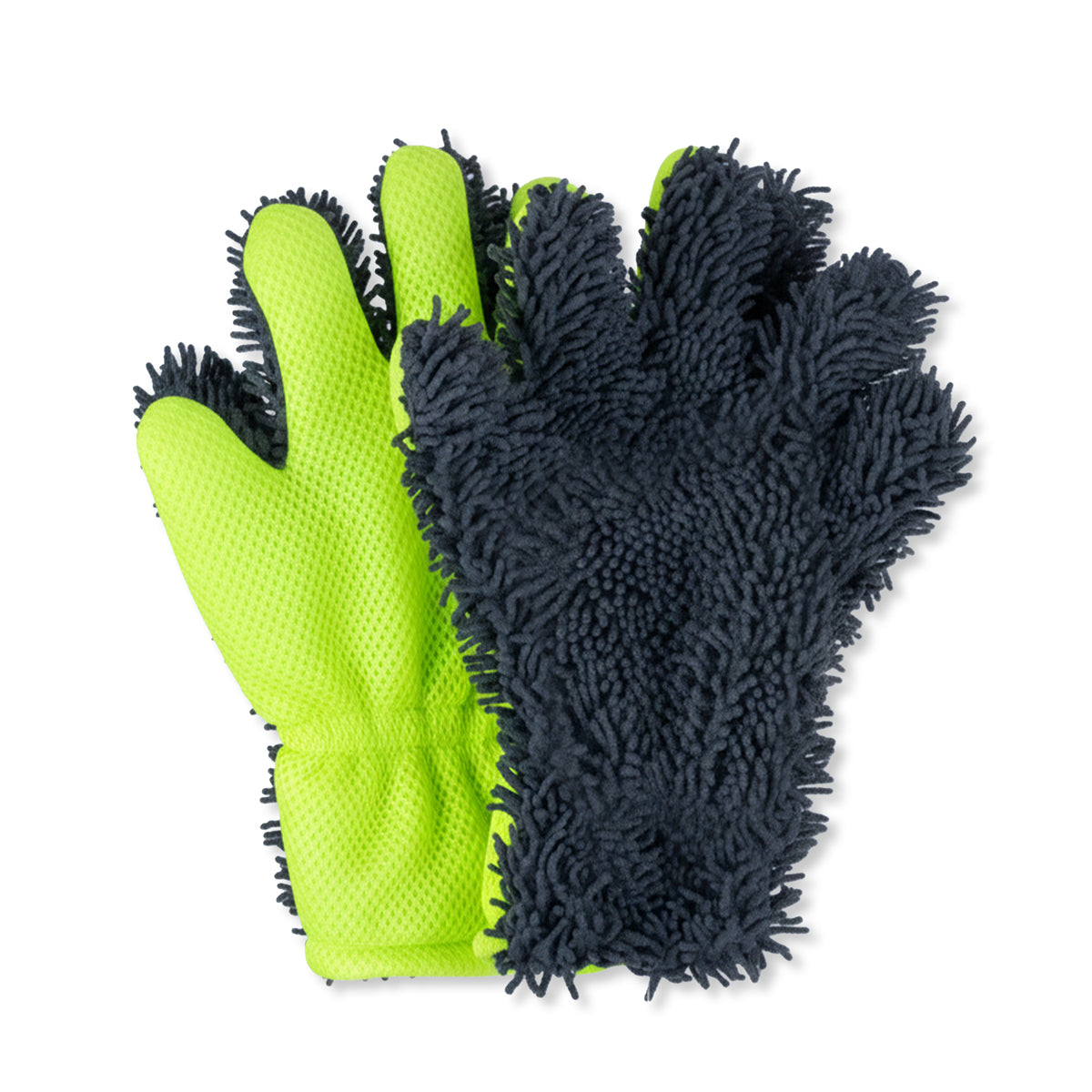 Pair of gloves with green and black textured surfaces on a white background