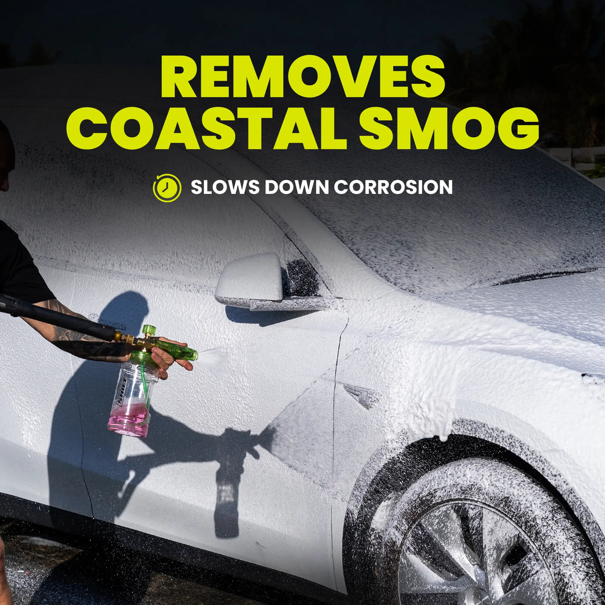 Person cleaning a car with a spray gun, text indicating product benefits.