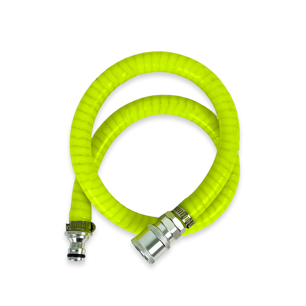 Yellow garden hose with silver connectors on a white background