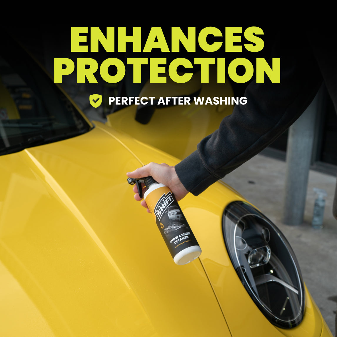 Person applying a car care product to a yellow car with text 'Enhances Protection' and 'Perfect After Washing'.