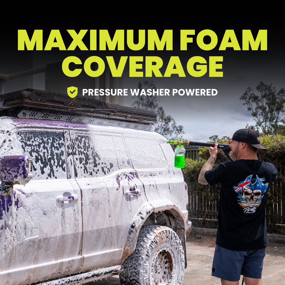 Person using a foam cannon to clean a vehicle with text 'Maximum Foam Coverage' and 'Pressure Washer Powered'.