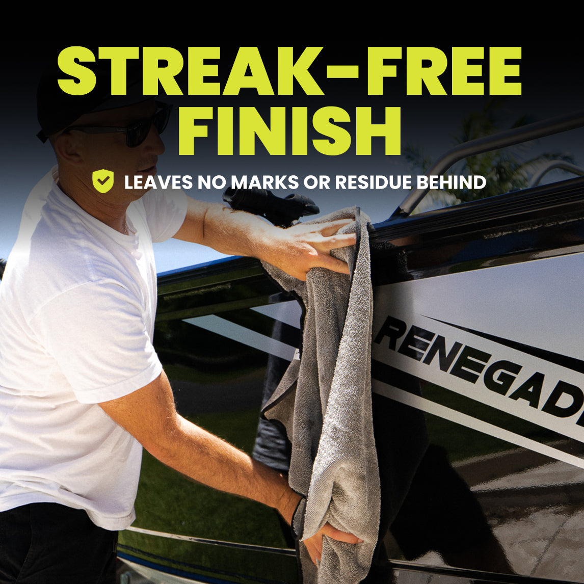 Person cleaning a boat with text about streak-free finish and no marks or residue.