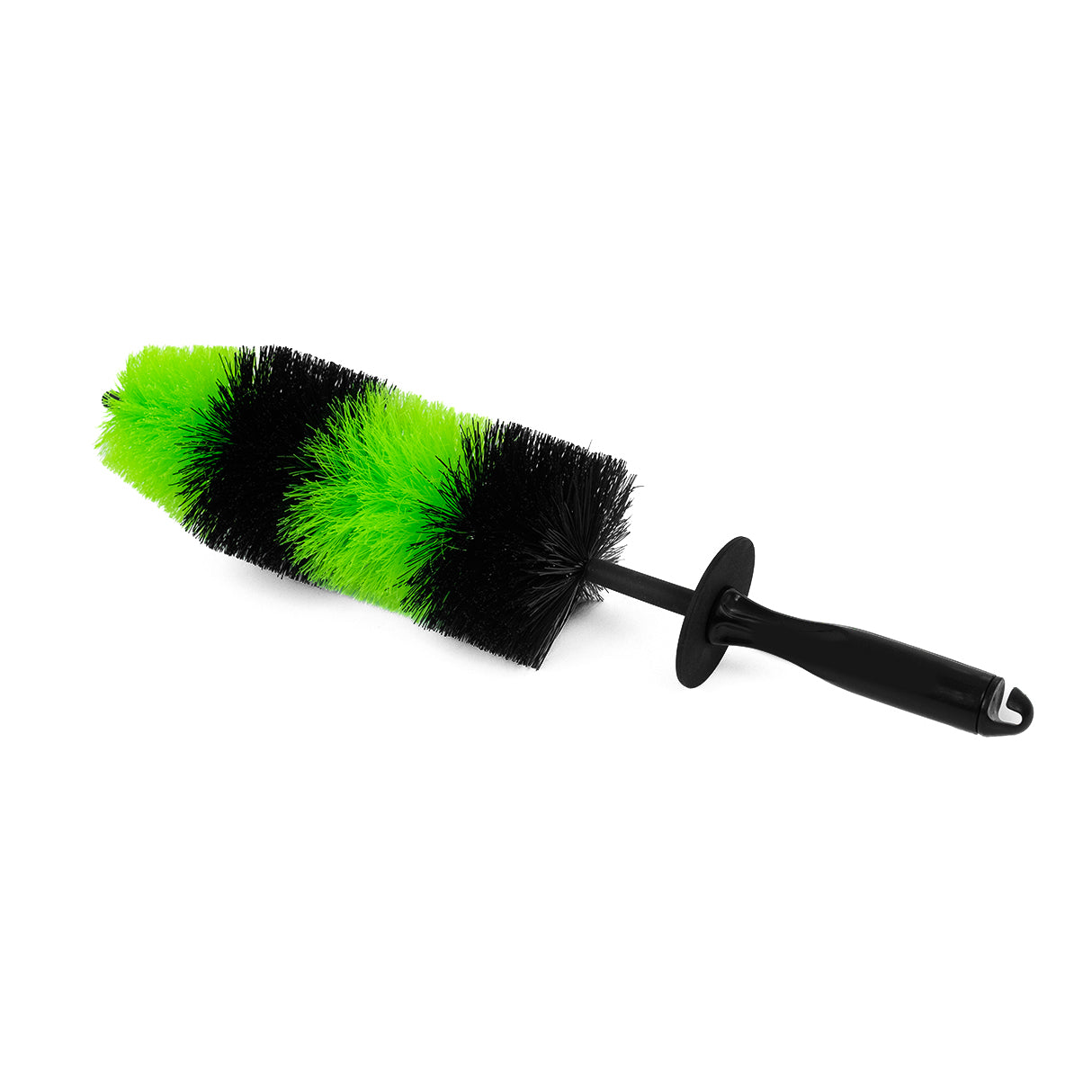 Cleaning brush with green bristle head and black handle on a white background