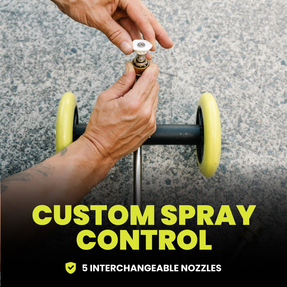 Person adjusting a spray nozzle on a underbody blaster with text 'Custom Spray Control' and '5 Interchangeable Nozzles'.