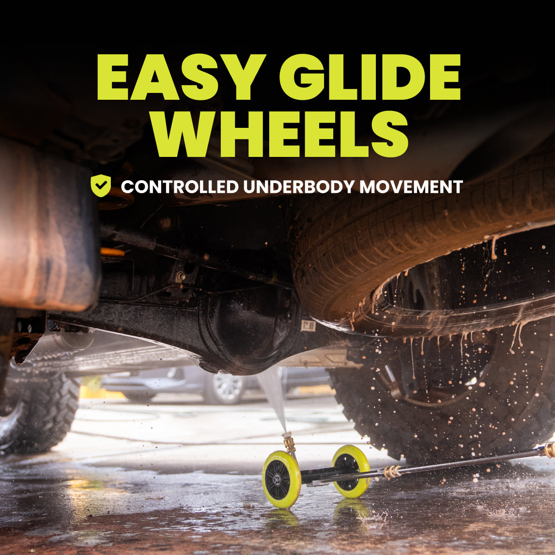 Car underbody blaster with easy glide wheels and controlled underbody movement text