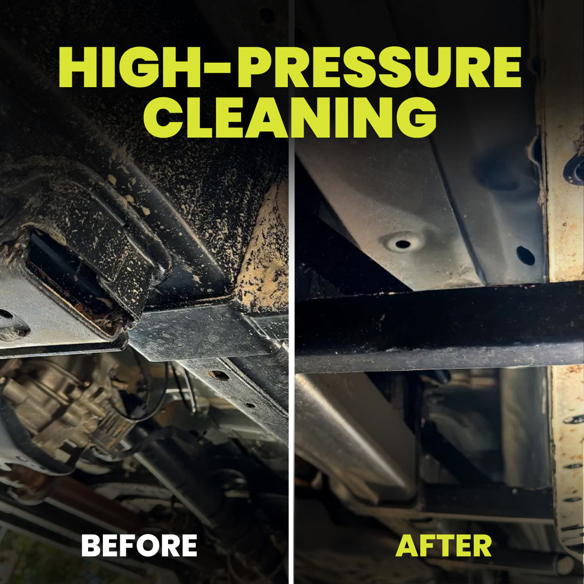 Before and after high-pressure underbody blaster cleaning.