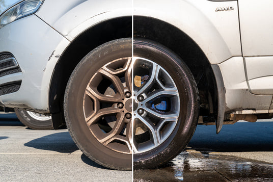 Close-up of a car wheel with a before and after.