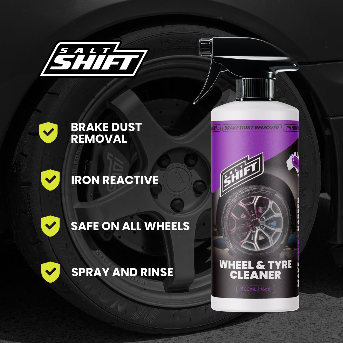Salt Shift wheel and tire cleaner bottle with features listed next to a black tire.