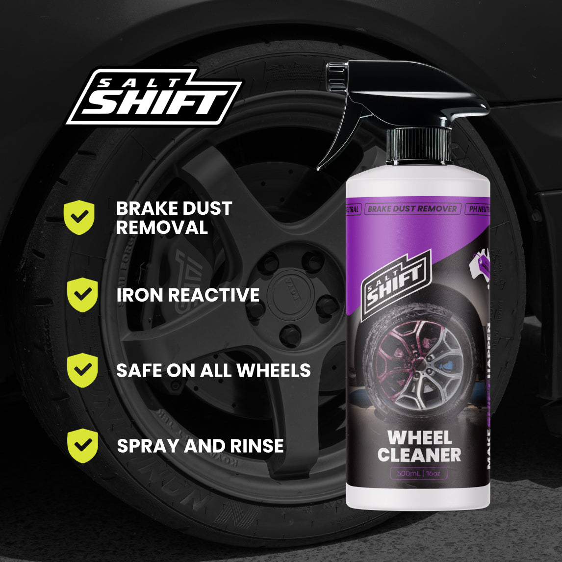 Salt Shift wheel and tire cleaner bottle with features listed next to a black tire.
