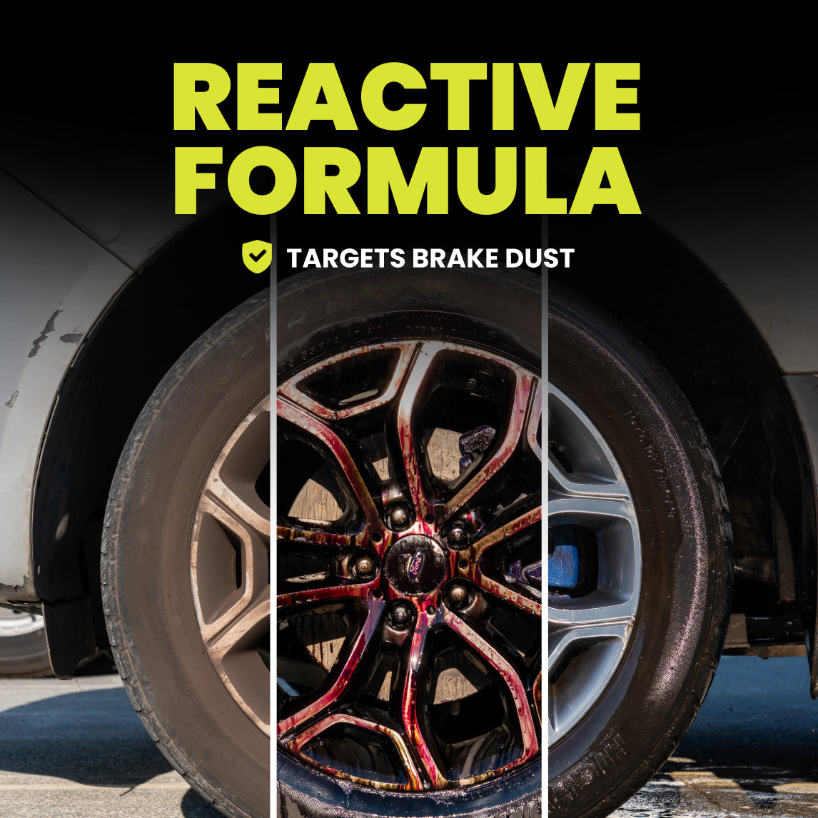 Close-up of a car tire with 'Reactive Formula' text and brake dust targeting information.