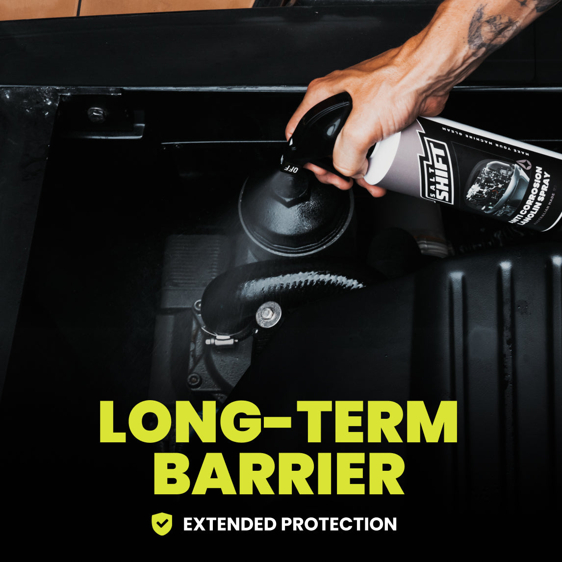 Person using a can of spray on a jet ski's engine with text about extended protection.