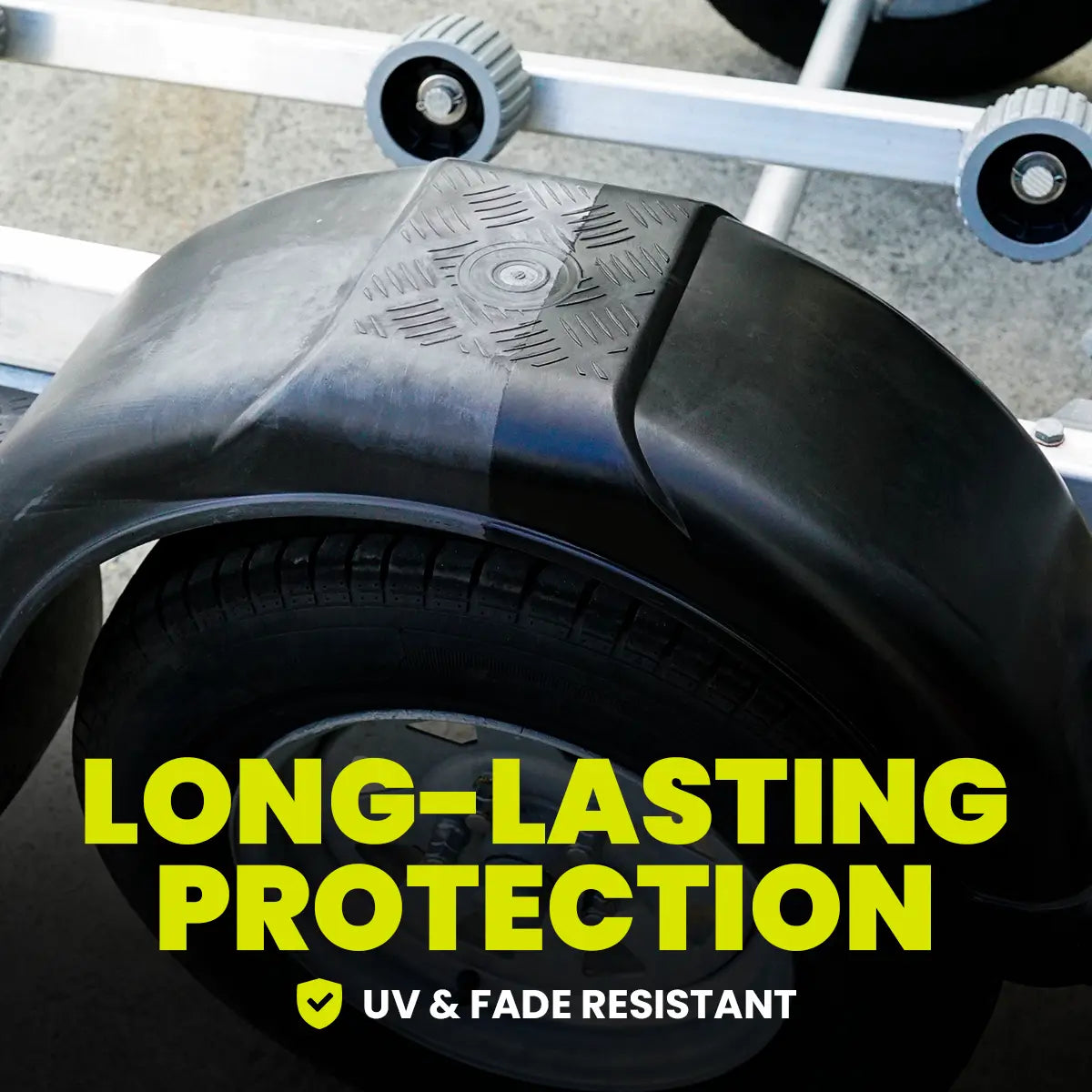 Close-up of a protective cover on a wheel with text 'Long-Lasting Protection' and 'UV & Fade Resistant'.