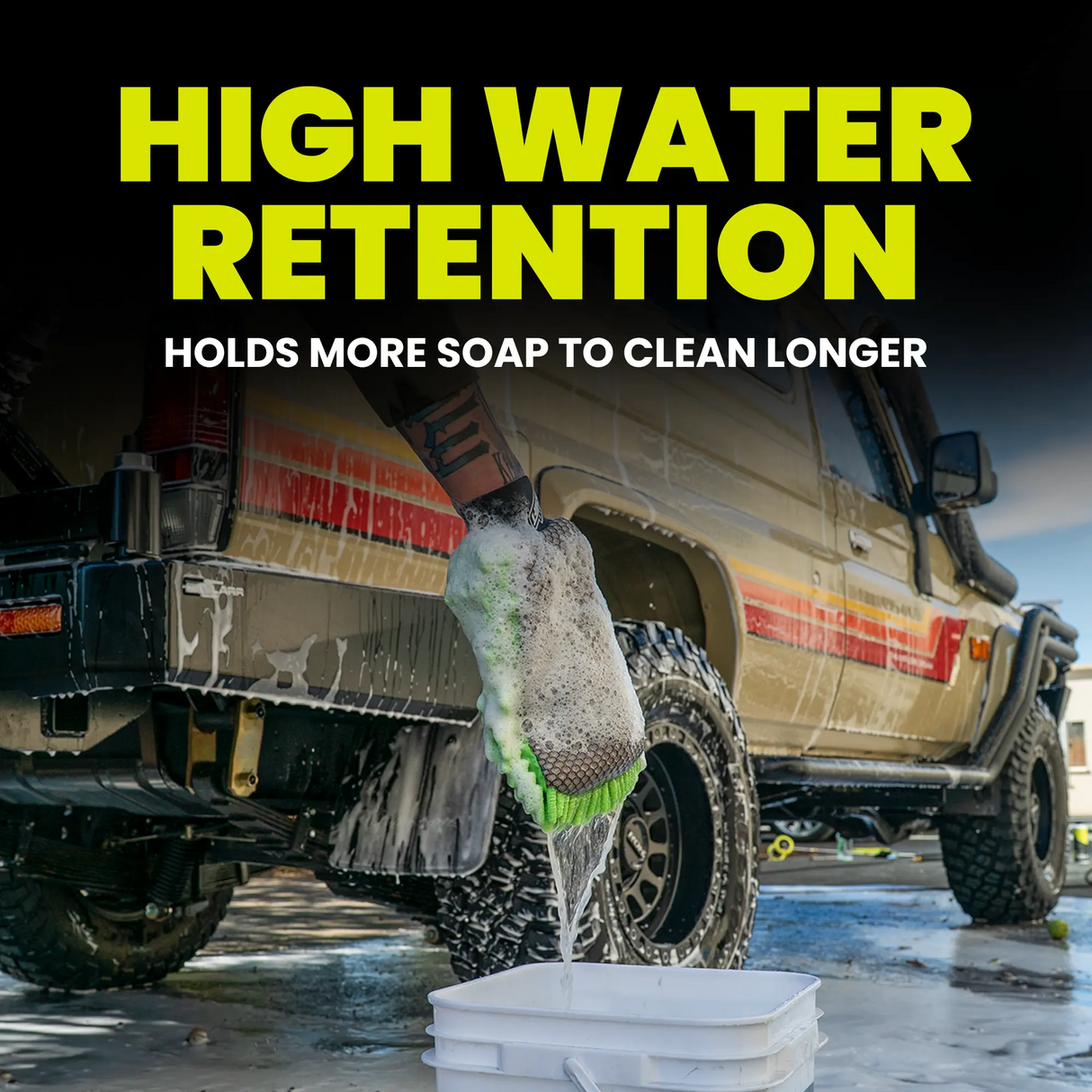 Car wash soap being poured onto a vehicle with text about high water retention and soap holding power.