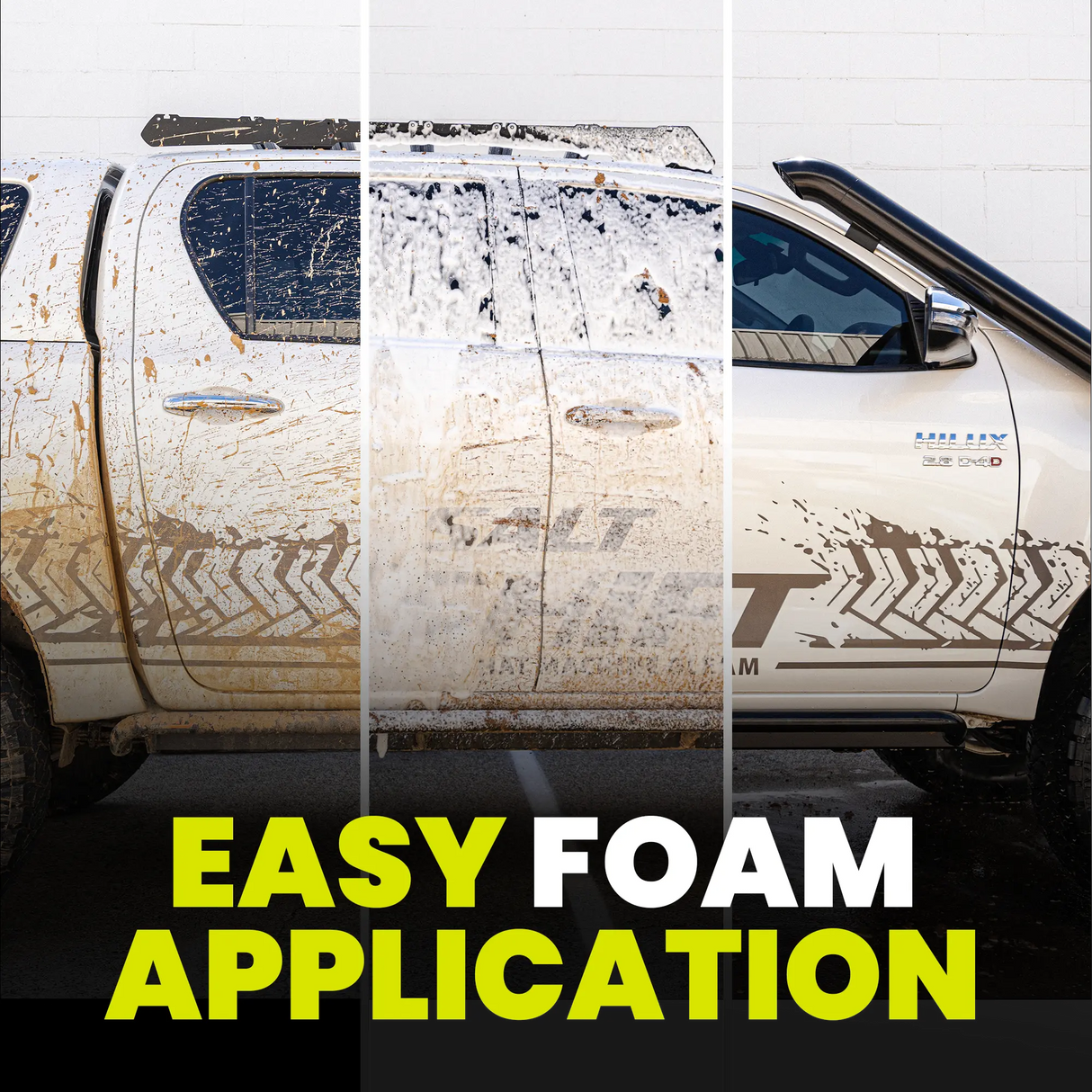 Car before and after cleaning with 'Easy Foam Application' text overlay