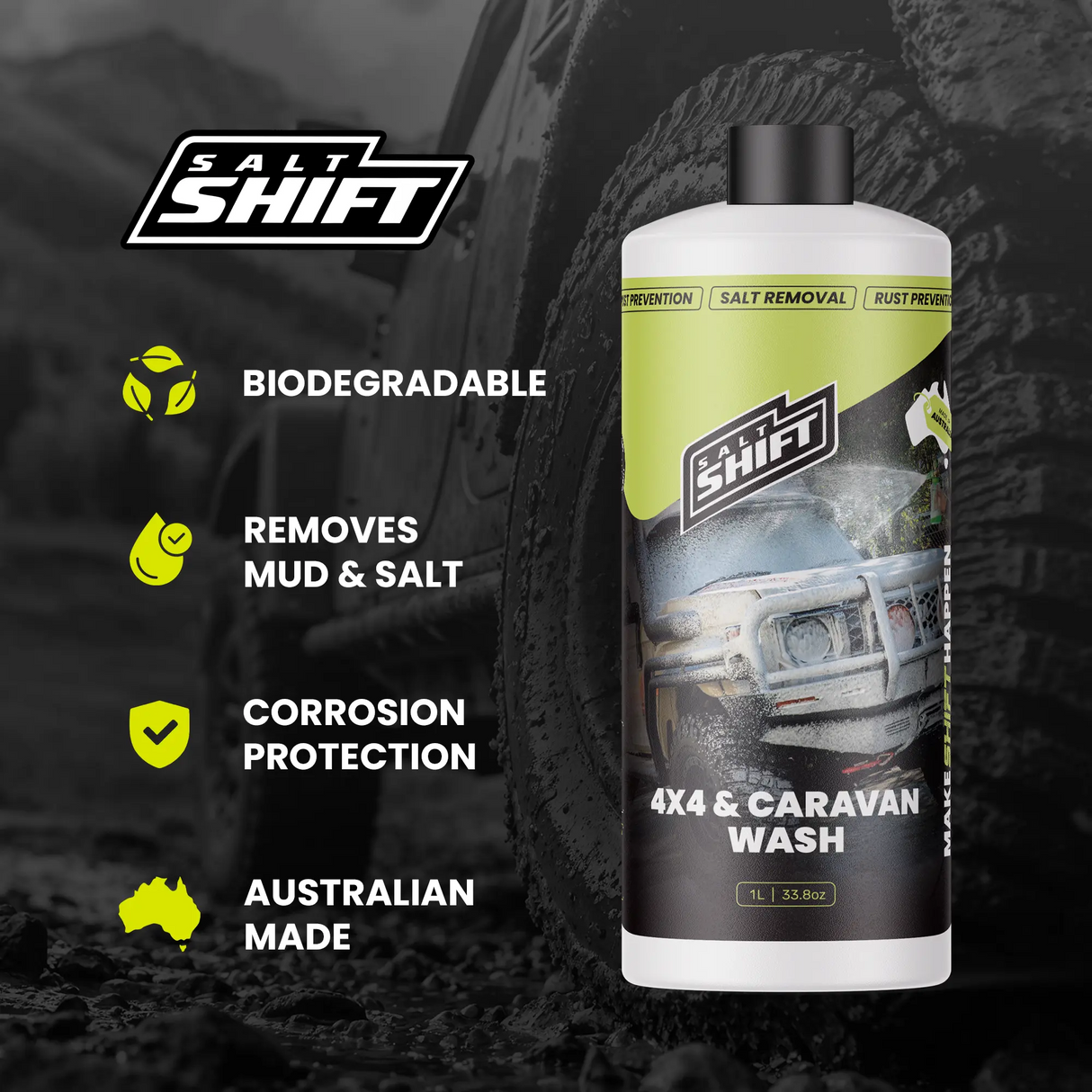 Salt Shift 4x4 and caravan wash bottle with features listed on a dark background