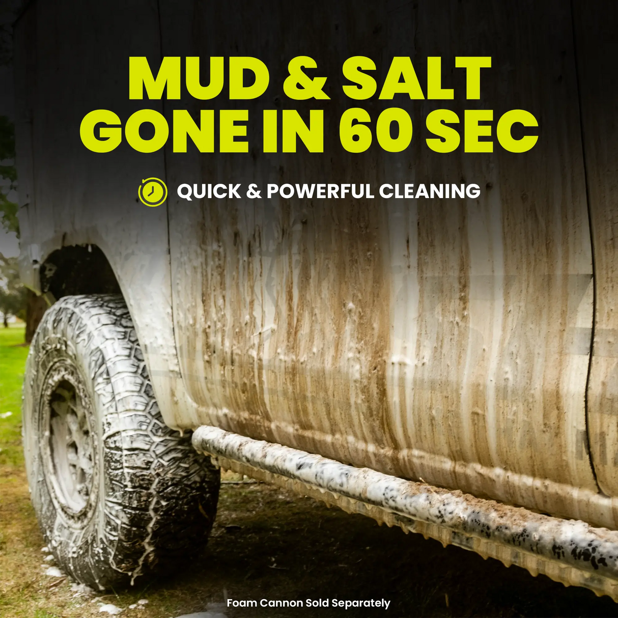 Car with mud and salt on a vehicle, with text about quick cleaning solution.
