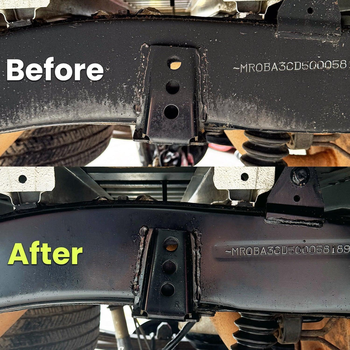 A before-and-after comparison of a 4x4 chassis, showing the cleaning effect of Salt Shift.