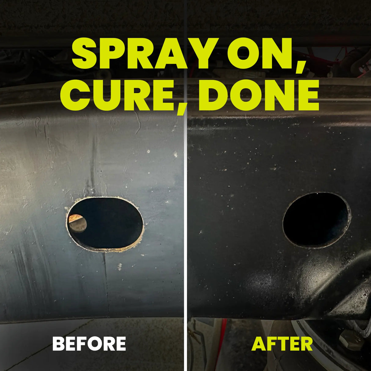 Before and after comparison of a car repair job with text 'Spray on, Cure, Done'.