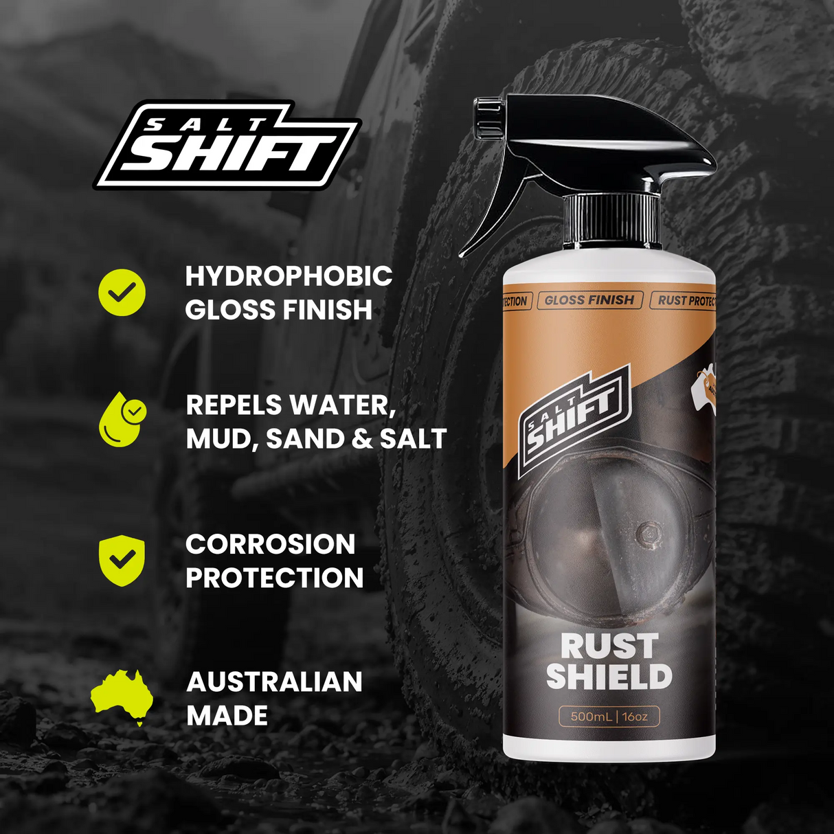 Salt Shift Rust Shield spray bottle with features listed on a dark background