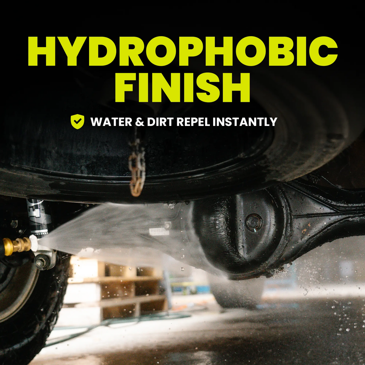 Car being washed with text about hydrophobic finish