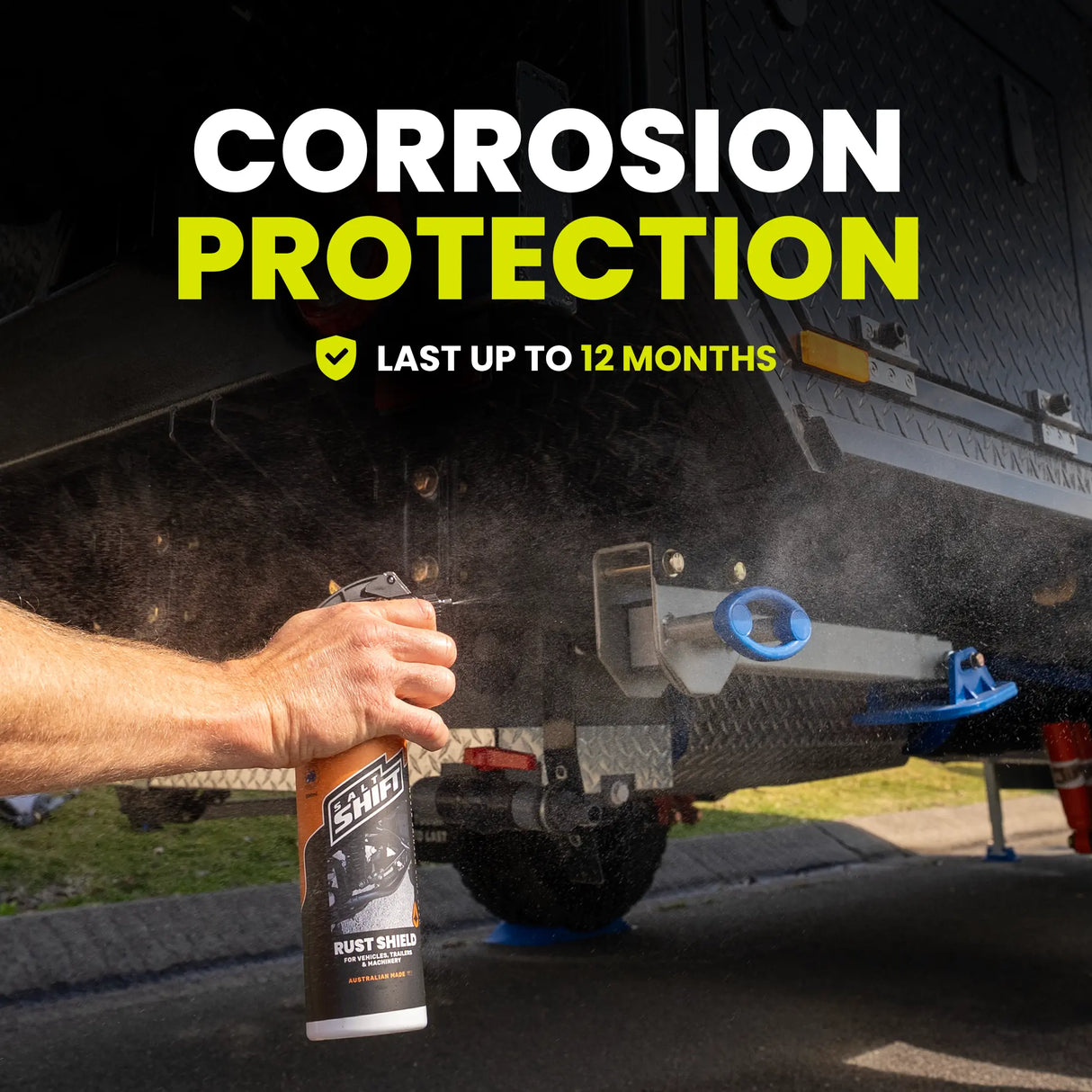 Person applying Rust Shield corrosion protection spray to a vehicle's undercarriage with text indicating protection duration.