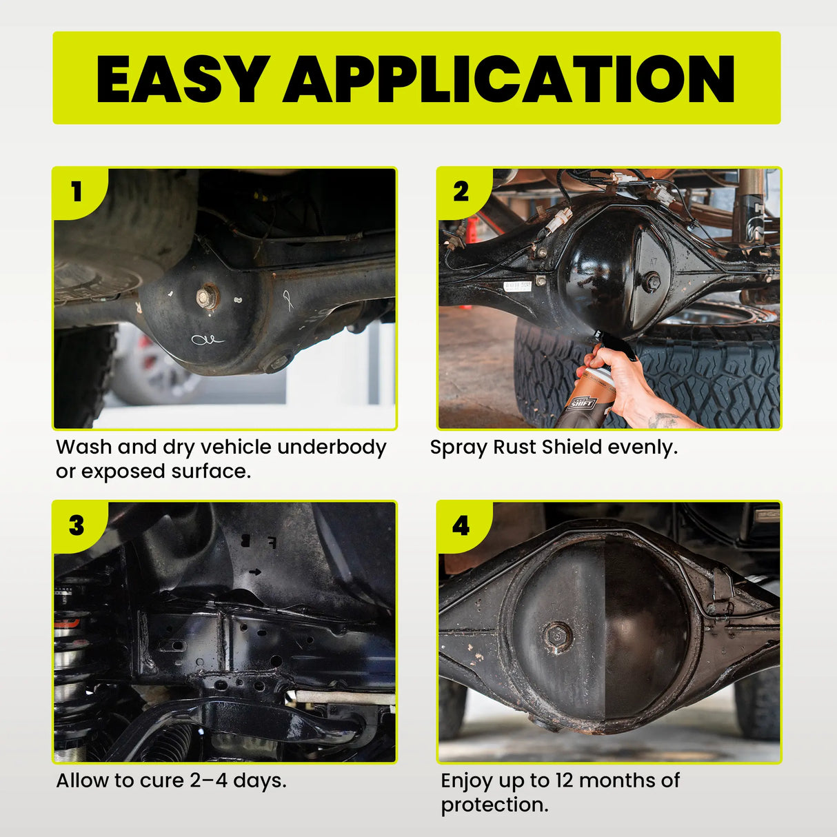 Step-by-step guide for applying Rust Shield to a vehicle's underbody with text and images.