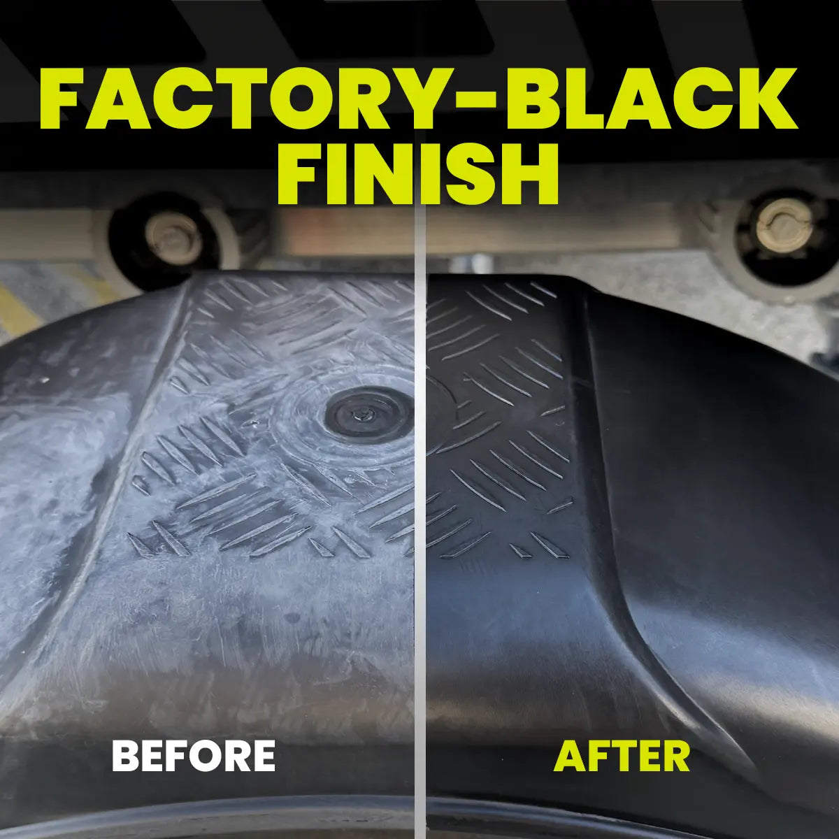 Comparison of a car floor mat before and after treatment, with 'Factory-Black Finish' text above.