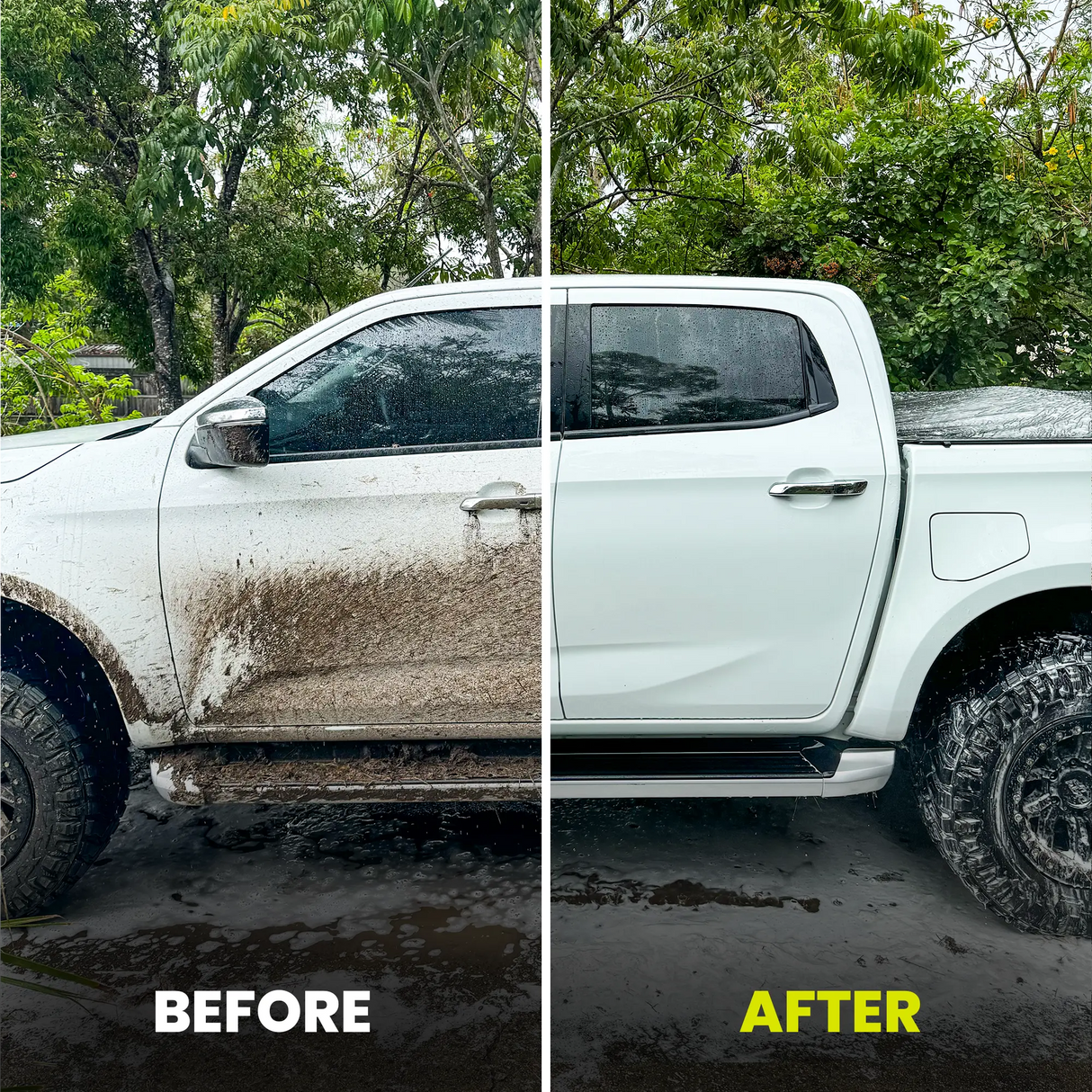 Before and after comparison of a white truck with mud on a dirt road.