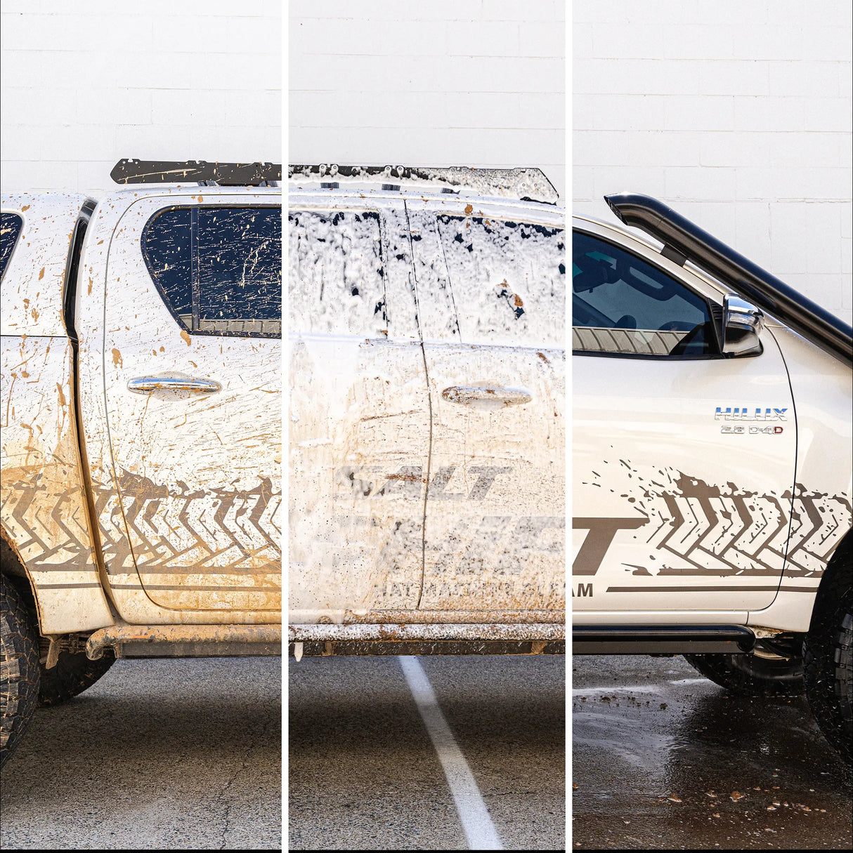 Collage of a white truck showing before and after cleaning with visible dirt and mud.
