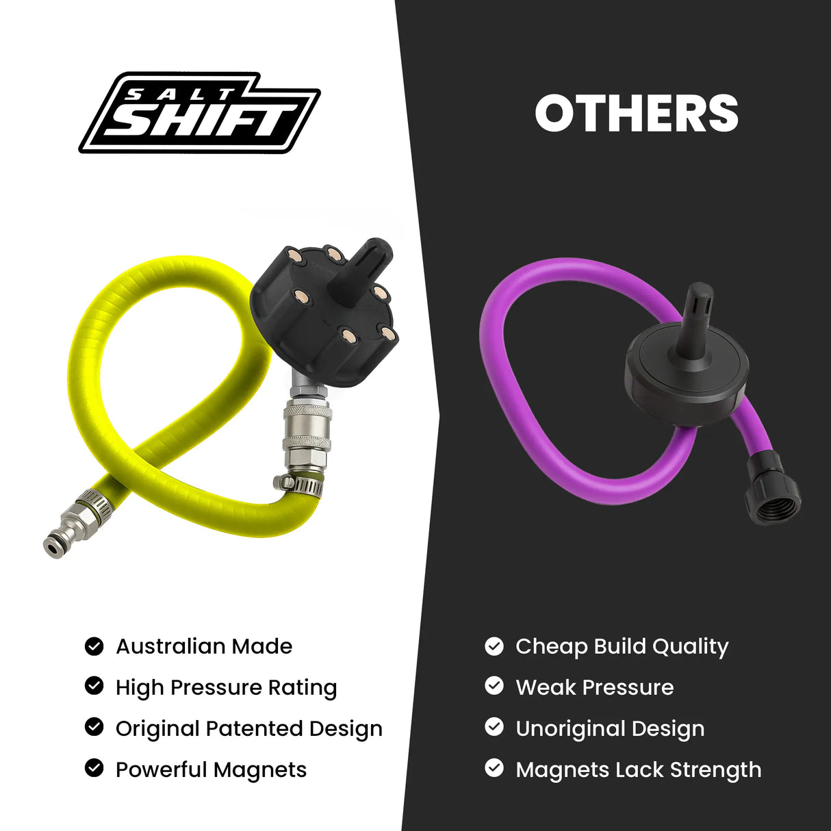 Comparison of yellow and purple hoses with connectors, labeled 'Shift' on a black and white background.