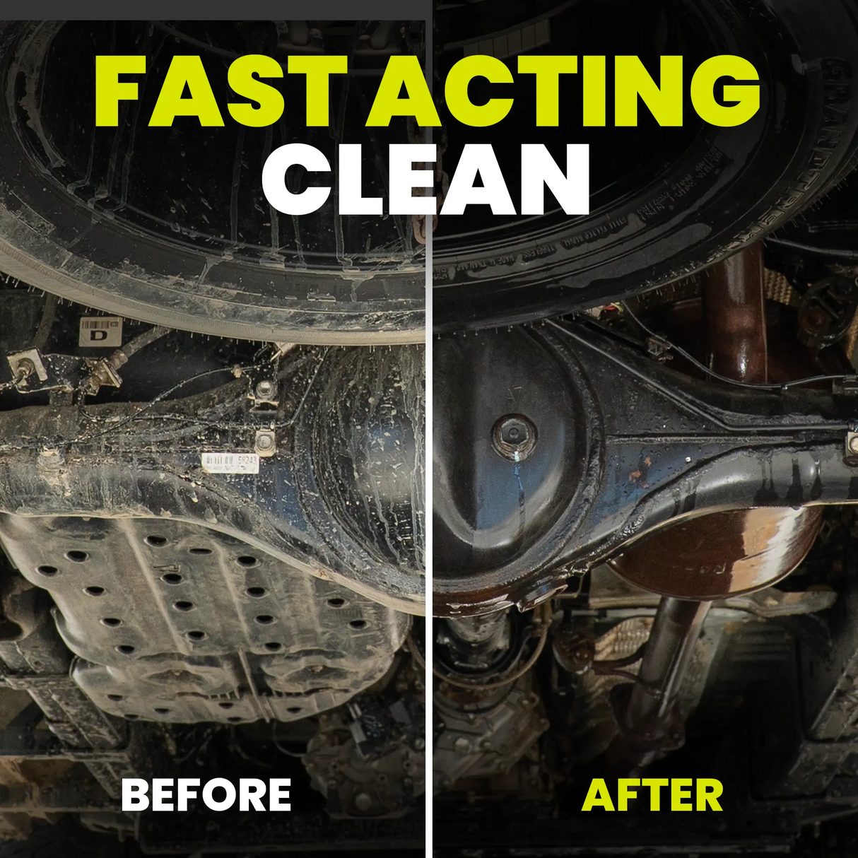 Before and after comparison of a car's undercarriage with cleaning product.