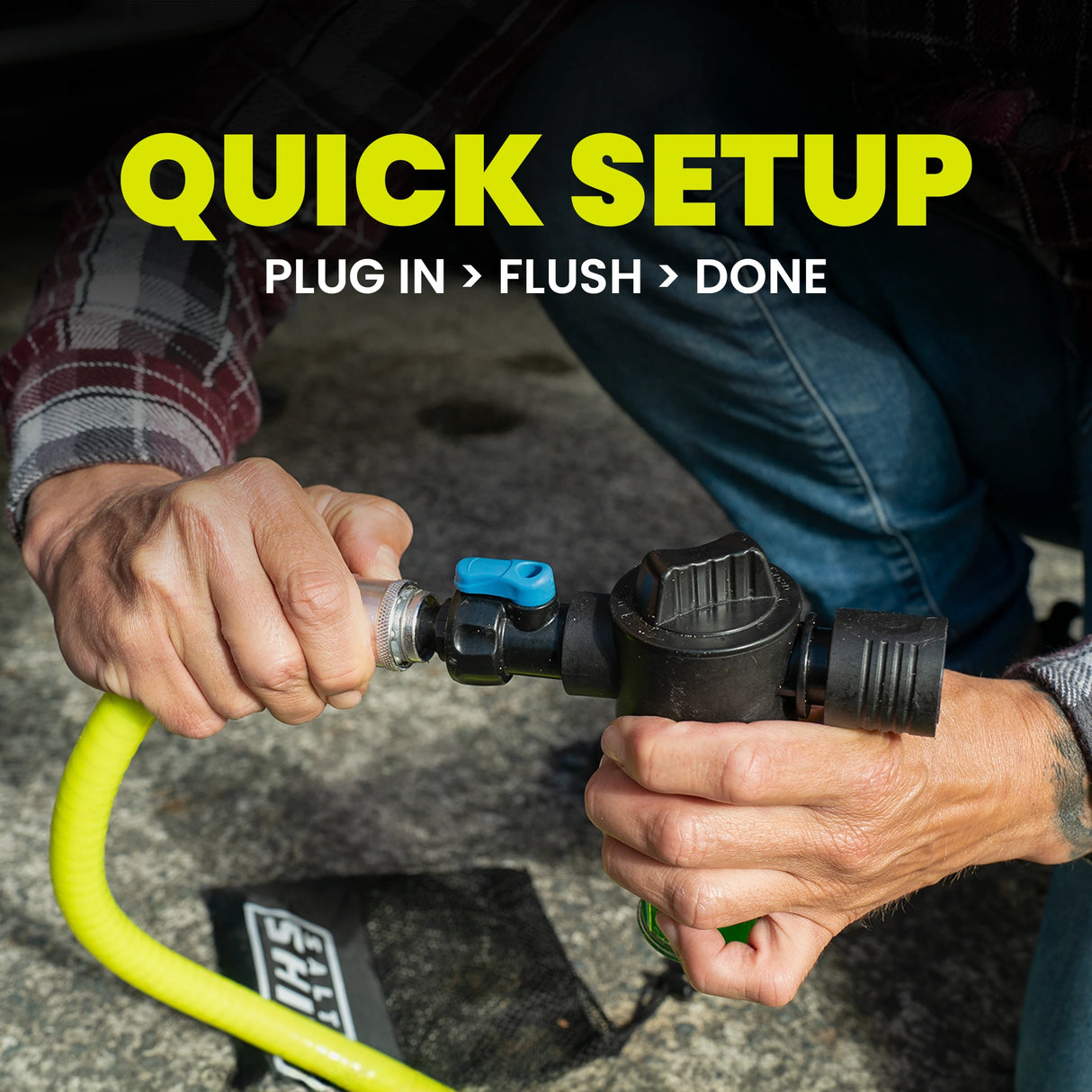 Person using a water pump with text 'Quick Setup' on a dark background