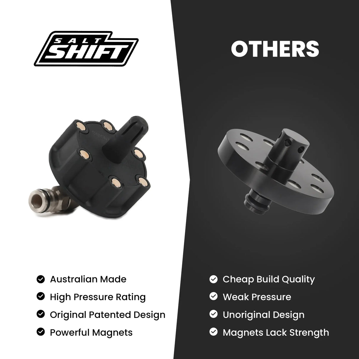 Black mechanical component with 'Shift' branding on a white and black background, featuring pros and cons of the product.