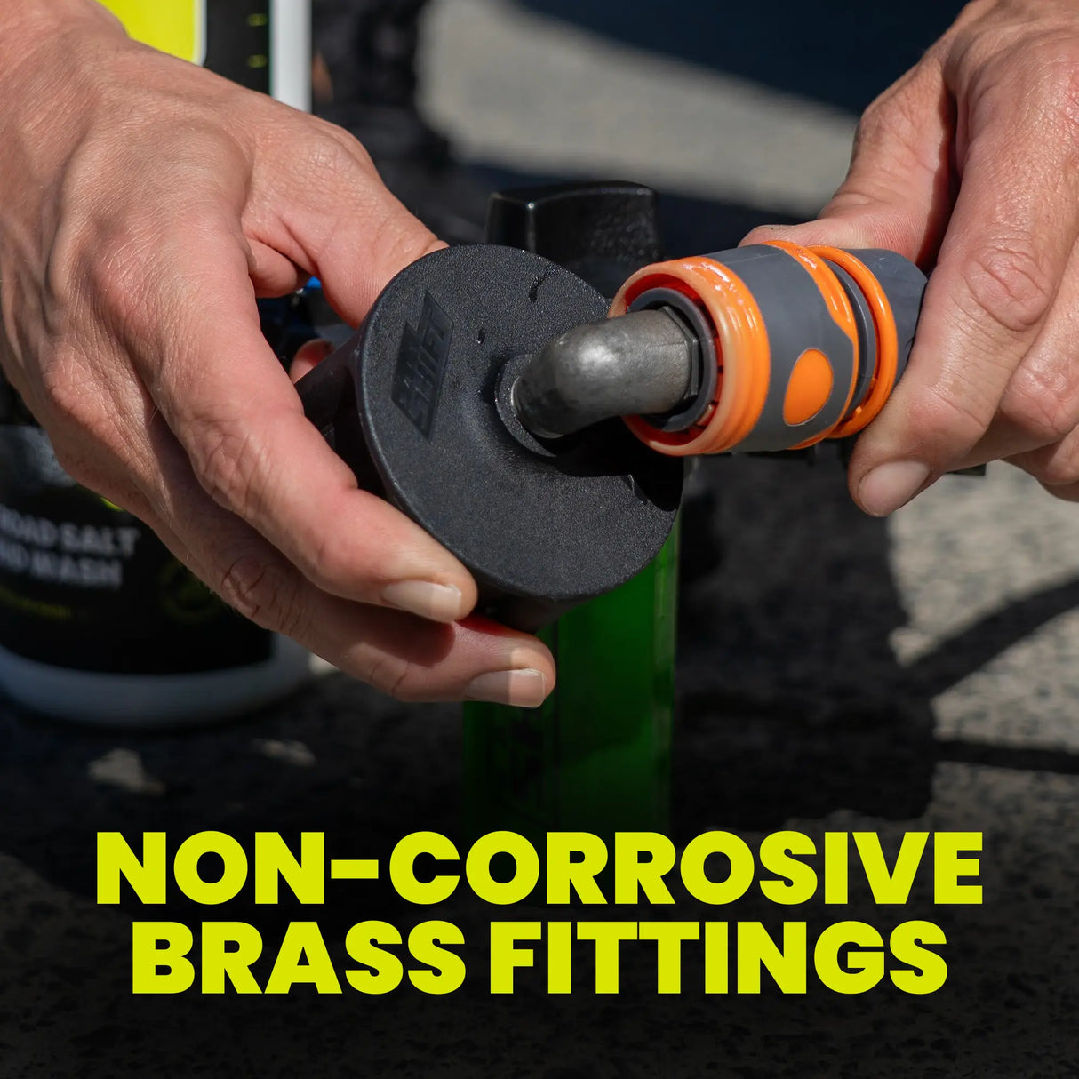 Person using a tool with non-corrosive brass fittings text overlay