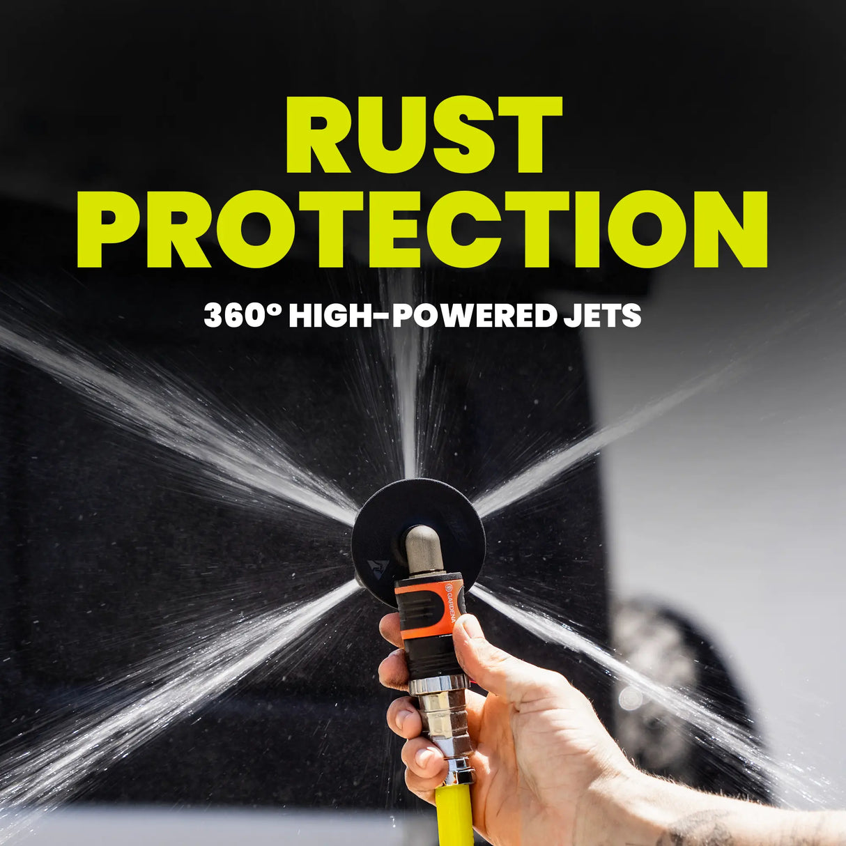 Hand holding a high-powered jet with 'Rust Protection' text on a dark background