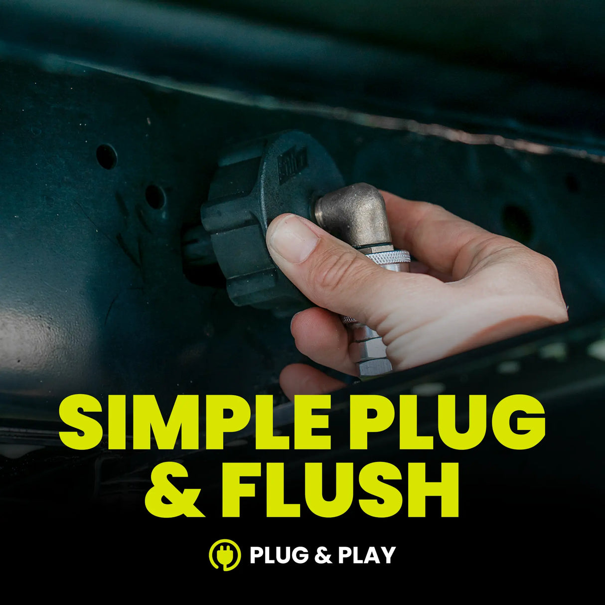 Hand holding a car part with 'Simple Plug & Flush' text and 'Plug & Play' logo.
