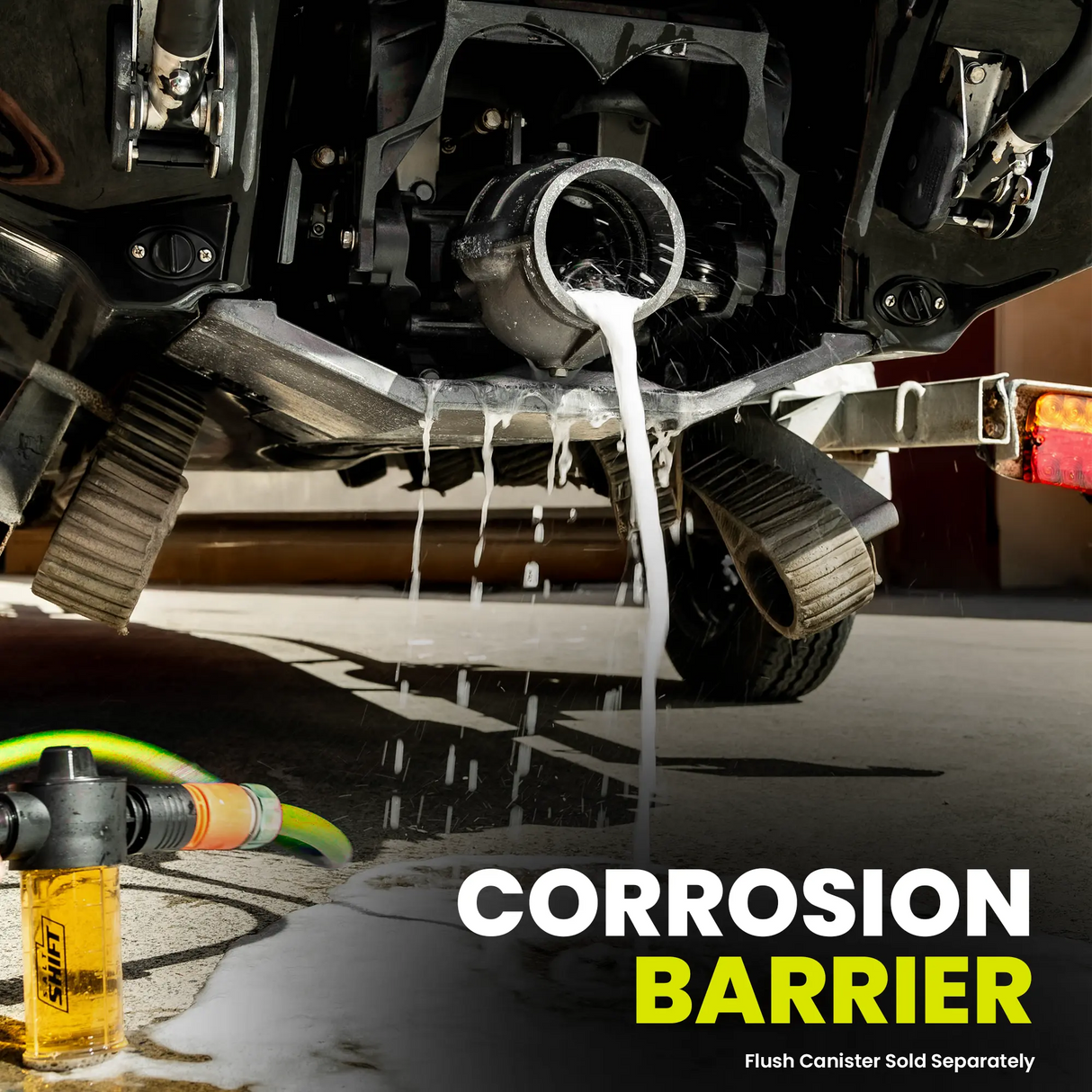 Car undercarriage with a corrosion barrier product being applied, with a canister labeled 'Corrosion Barrier' in the foreground.