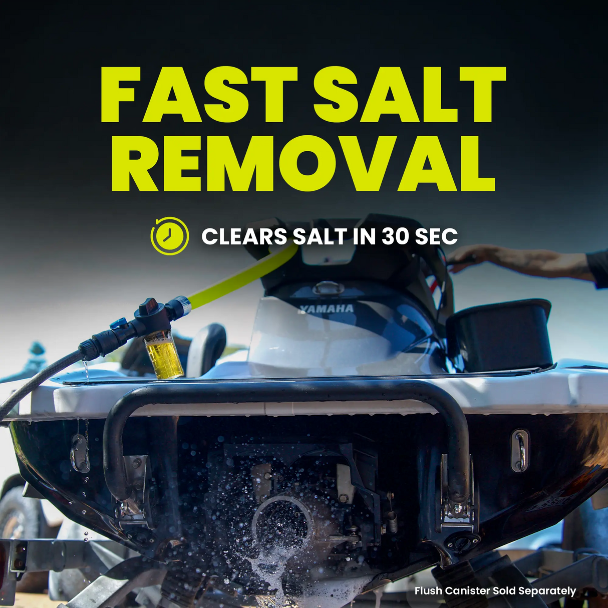 Yamaha boat with salt removal system being used, text 'Fast Salt Removal' displayed.