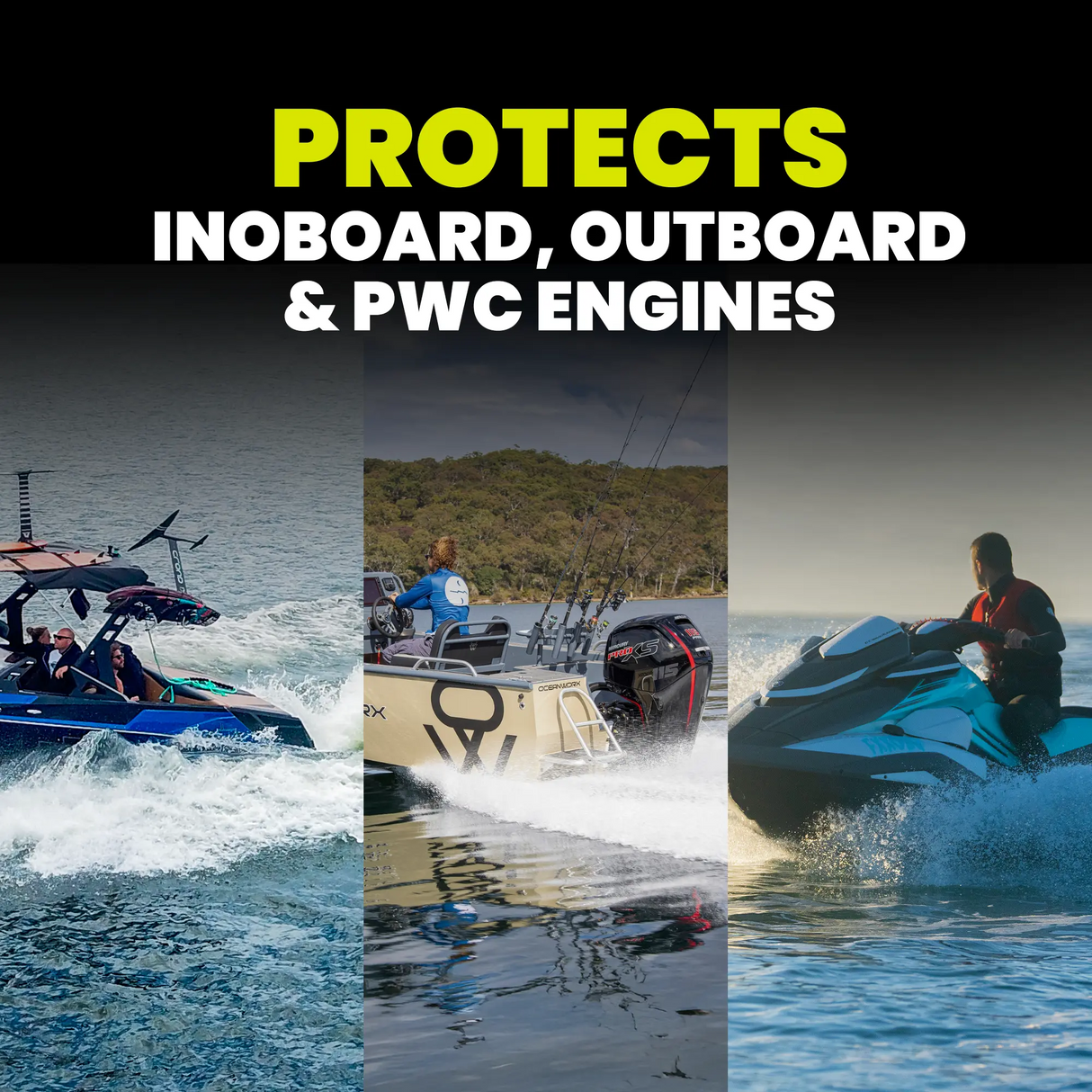 Collage of people on boats and a jet ski with text 'PROTECTS INOBOARD, OUTBOARD & PWC ENGINES' on a black background.