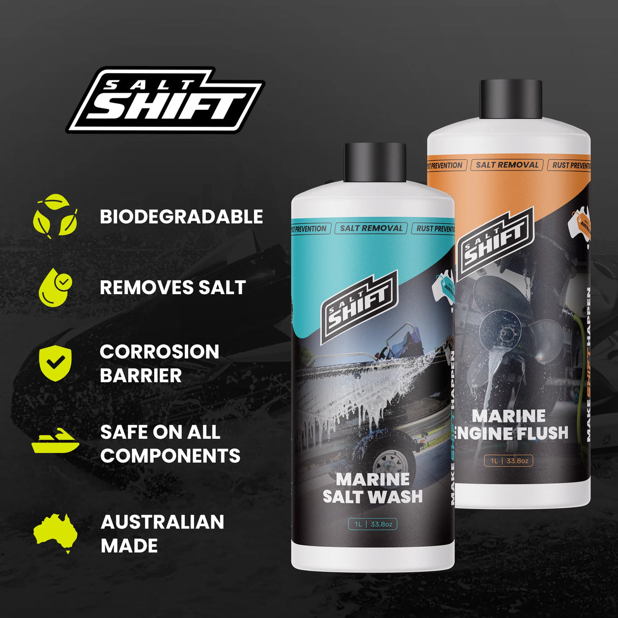 Two bottles of Salt Shift marine cleaning products on a black background with product features listed.