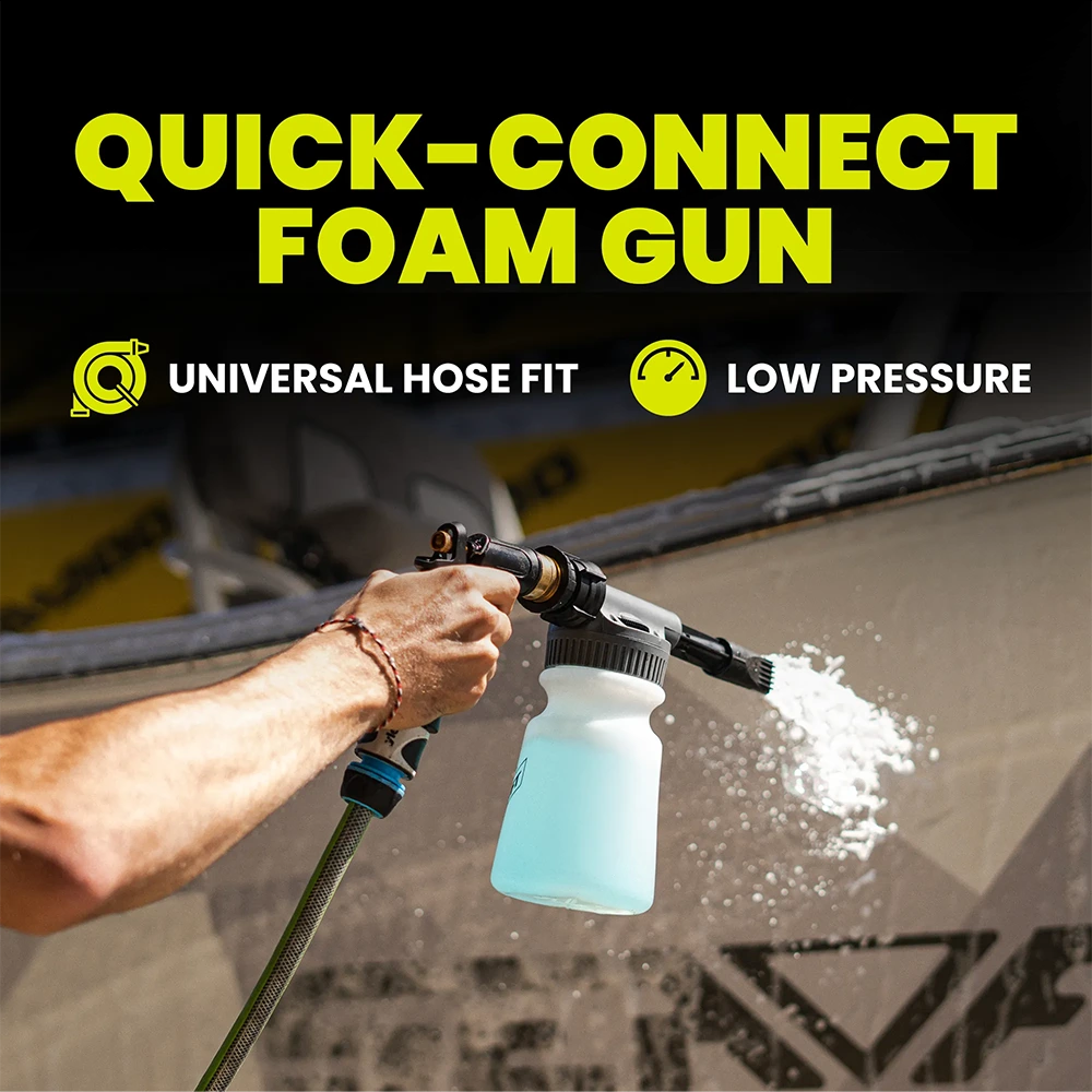 Quick-connect foam gun being used on a car with text highlighting features.