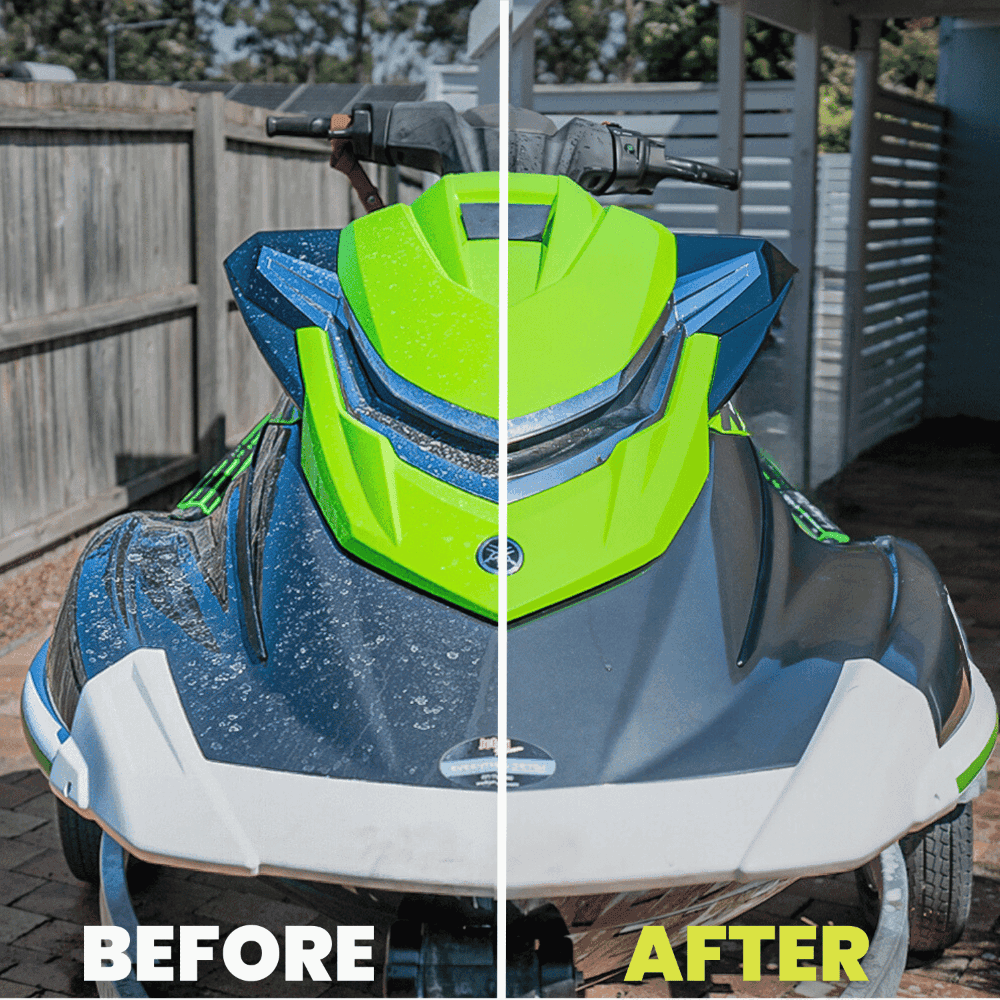 Before and after using Salt Shift cleaner on a jet ski, removing salt buildup and restoring a bright, polished finish.